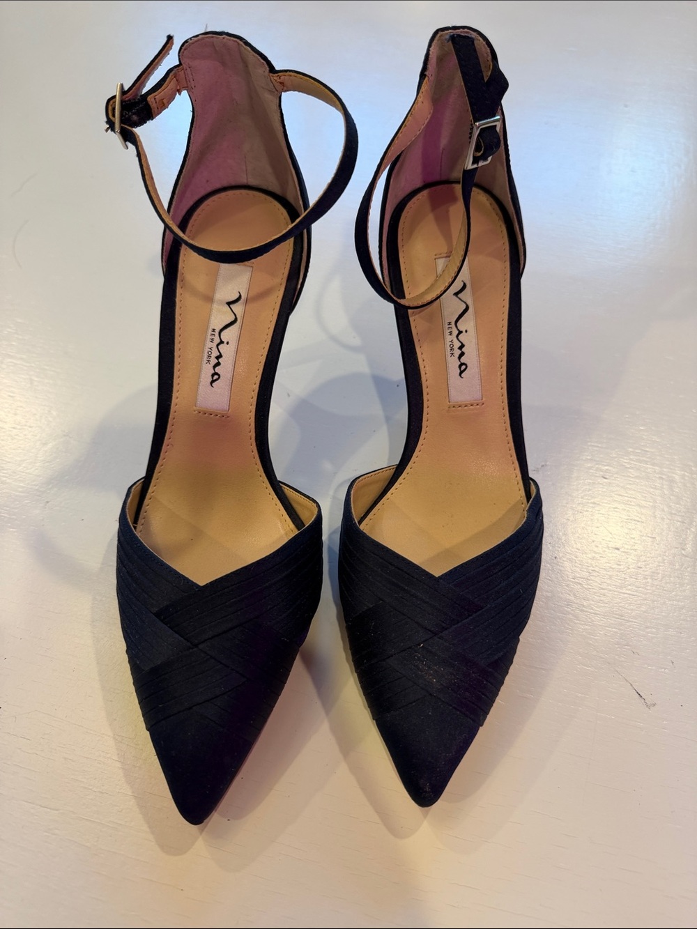 Nina Black Pointed-Toe Crisscross Ankle-Strap Heels